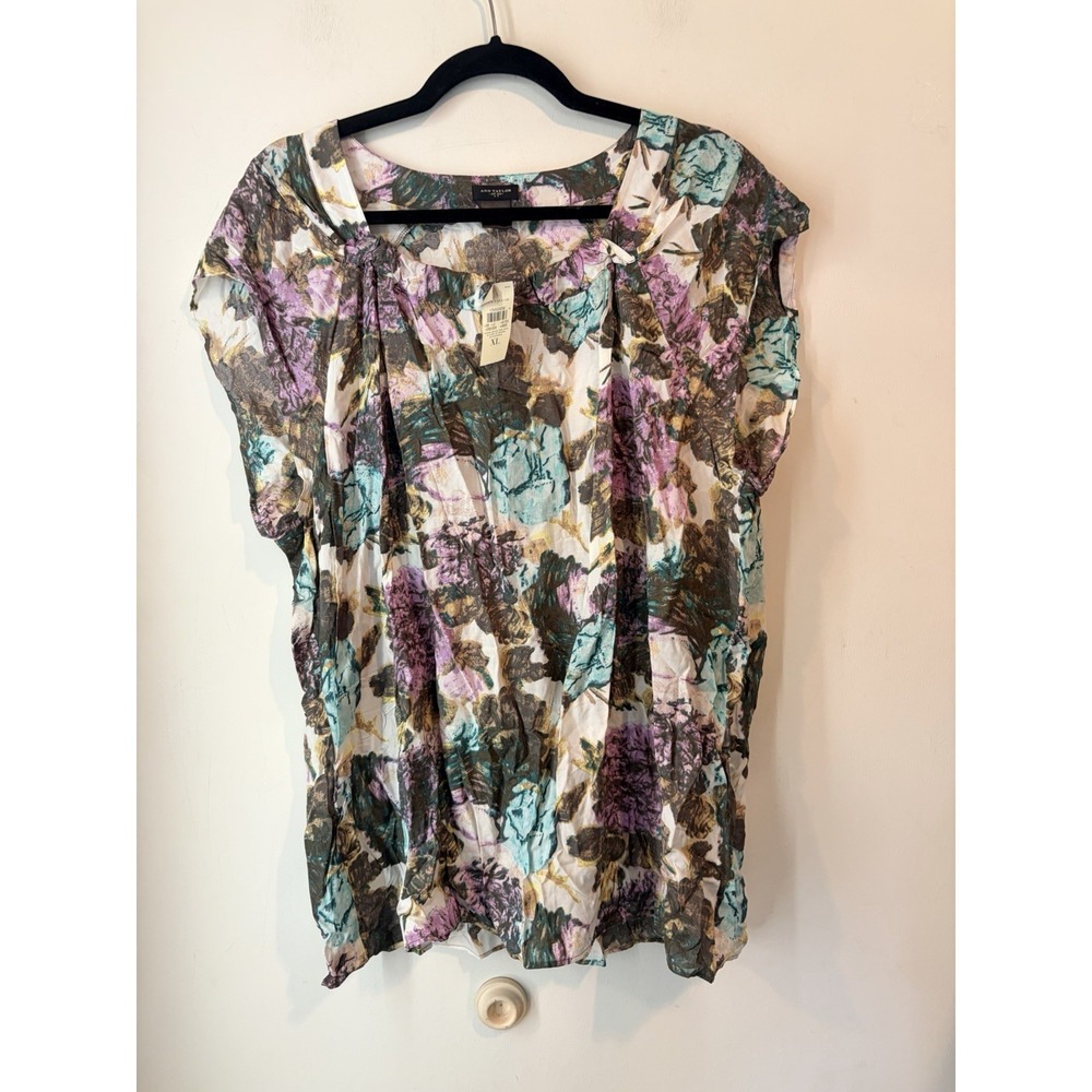 Ann Taylor Womens XL 100% Modal Floral‎ Top NWT Purple Blue Watercolor Blouse